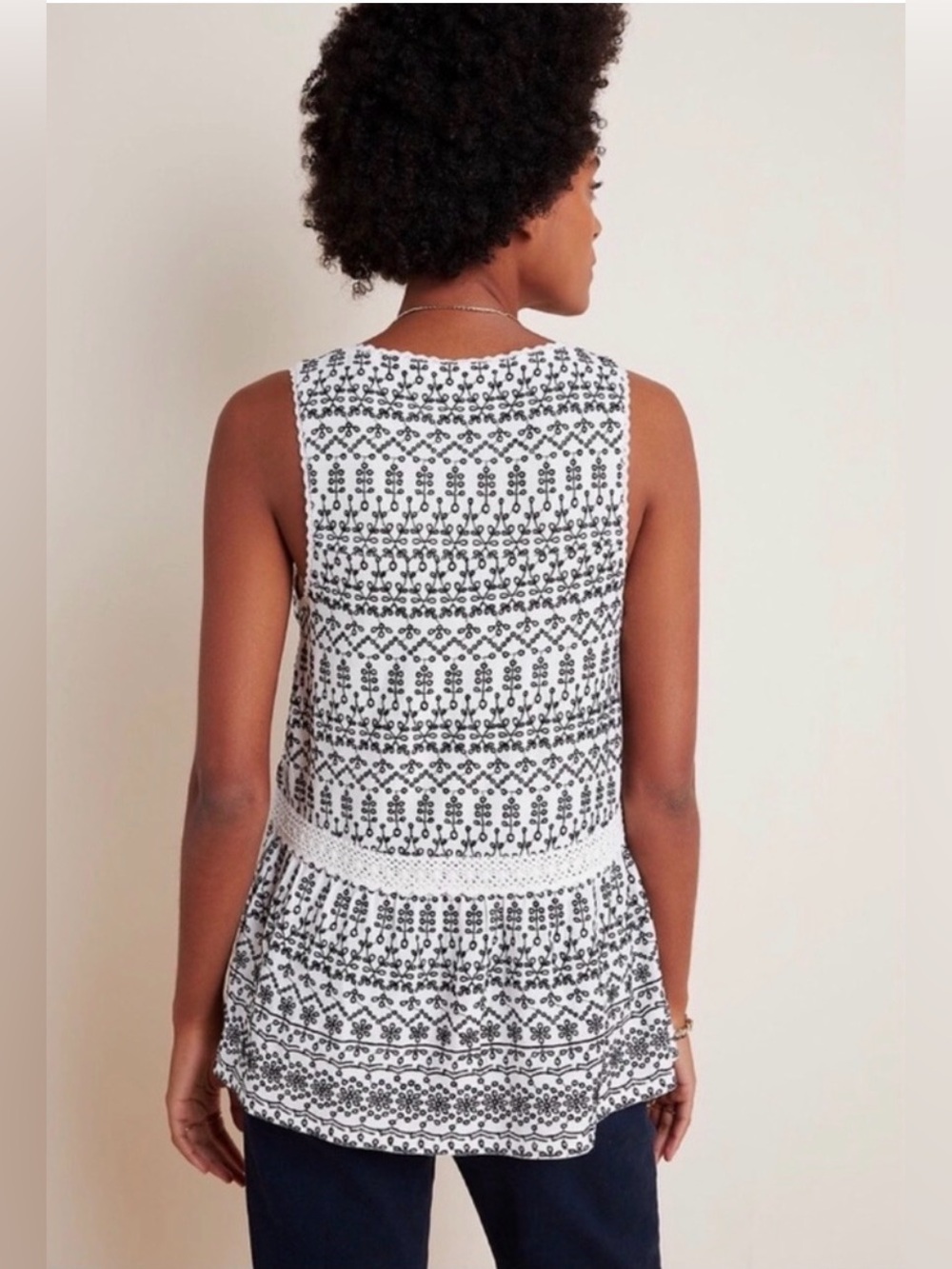 Maeve by Anthropologie Black White Embroidered Eyelet Peplum Tank Top S - Picture 2 of 9